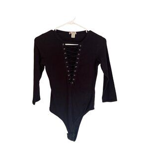 Black Long-Sleeve Lace-Up Front Bodysuit Size S By Bozzolo